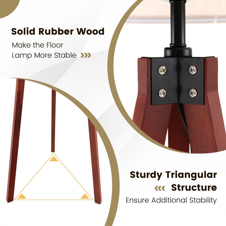 Close-up of the tripod floor lamp's solid rubber wood base, featuring a sturdy triangular structure for added stability.