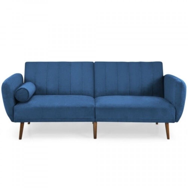Navy convertible futon sofa bed with adjustable backrest and solid rubber wood legs, perfect for living room relaxation.