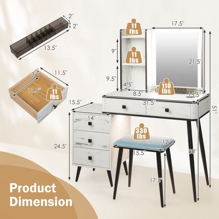 Vanity makeup table set with lighted mirror, drawers, and cushioned stool, featuring adjustable LED lights for enhanced.