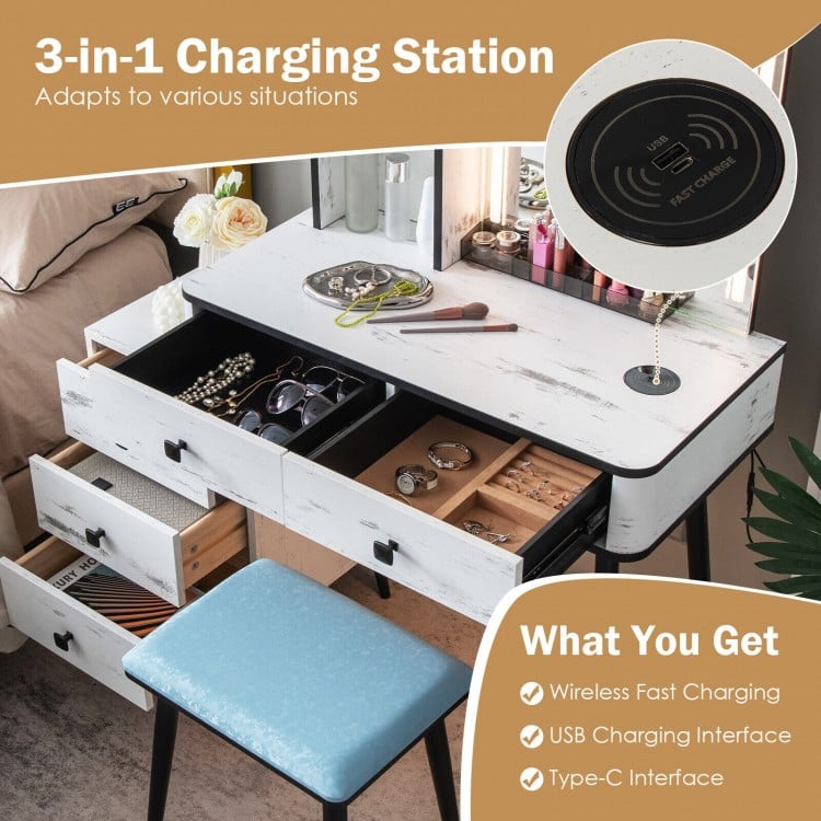 Vanity makeup table set with lighted mirror, 3-in-1 charging station, and cushioned stool for organized beauty.
