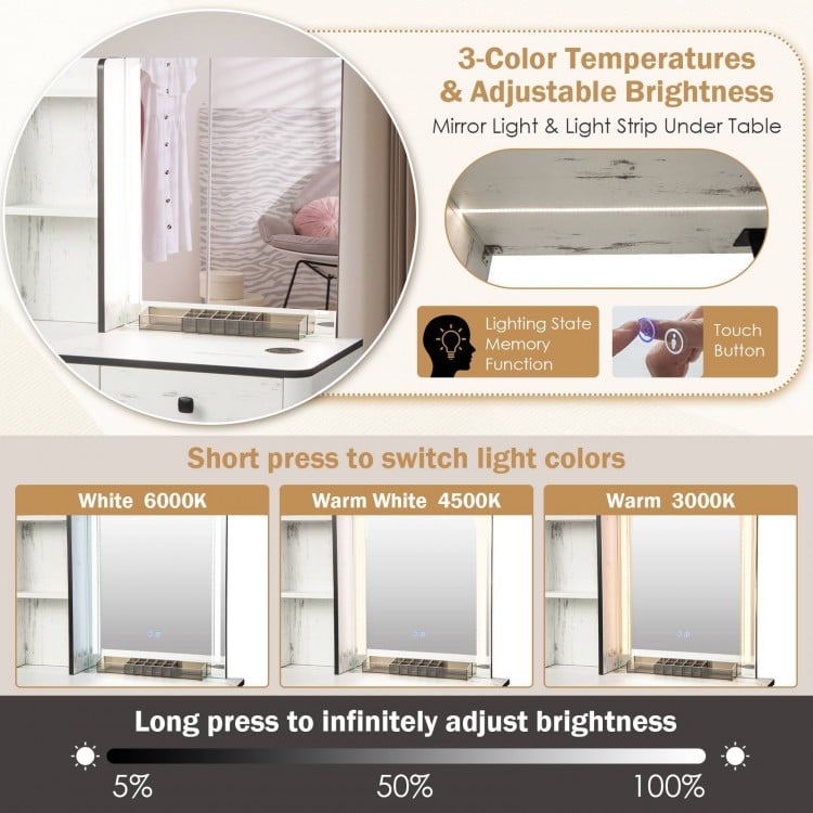 Vanity makeup table set with LED lighted mirror, adjustable brightness, and 3 color temperatures for easy makeup.