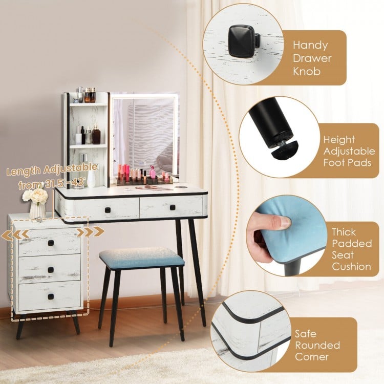 Vanity makeup table set with lighted mirror, adjustable brightness, and cushioned stool for organized beauty essentials.
