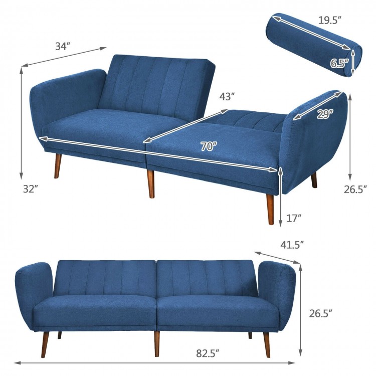 Navy convertible futon sofa bed with adjustable backrest, solid rubber wood legs, perfect for living room or office use.