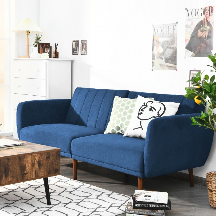 Navy convertible futon sofa bed with stylish armrests and breathable fabric, ideal for modern living rooms or offices.