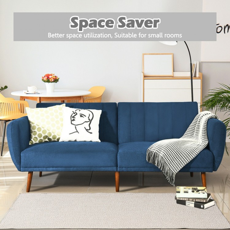 Navy convertible futon sofa bed with adjustable backrest and wood legs, perfect for small living rooms or offices.