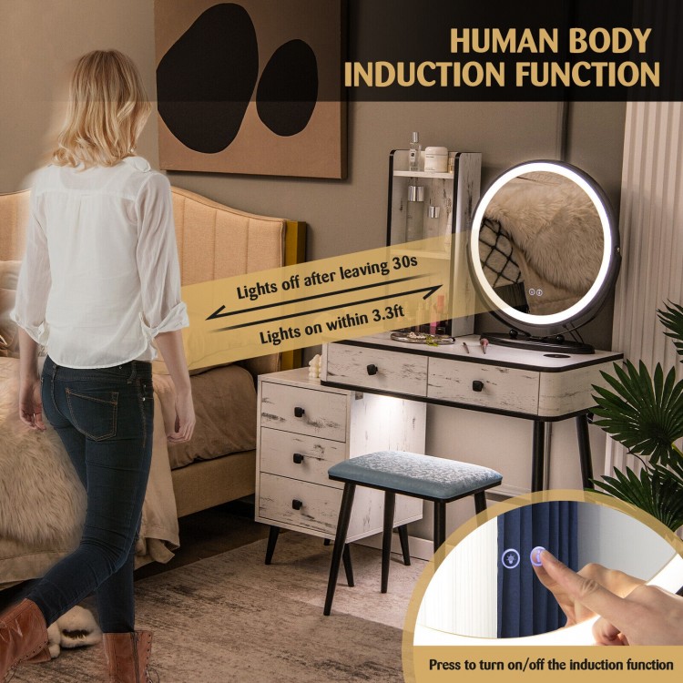 Vanity table set with a 3-color lighted mirror, cushioned stool, and human body induction function for convenient use.