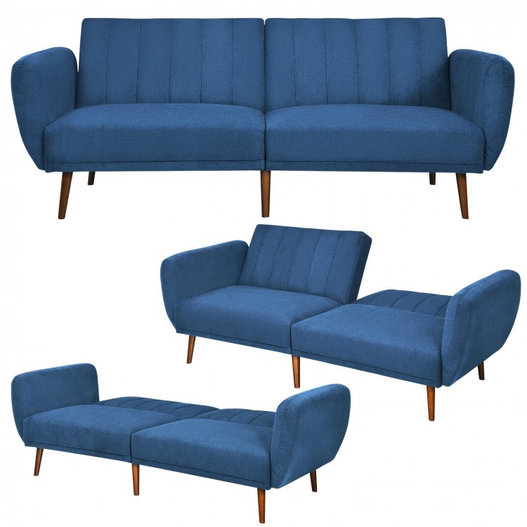 Navy convertible futon sofa bed with adjustable backrest and wood legs, perfect for living room relaxation or sleeping.