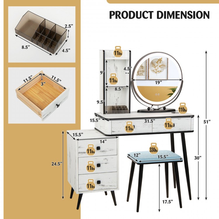 Vanity table set with 3-color lighted mirror, cushioned stool, and storage drawers, ideal for makeup or writing.