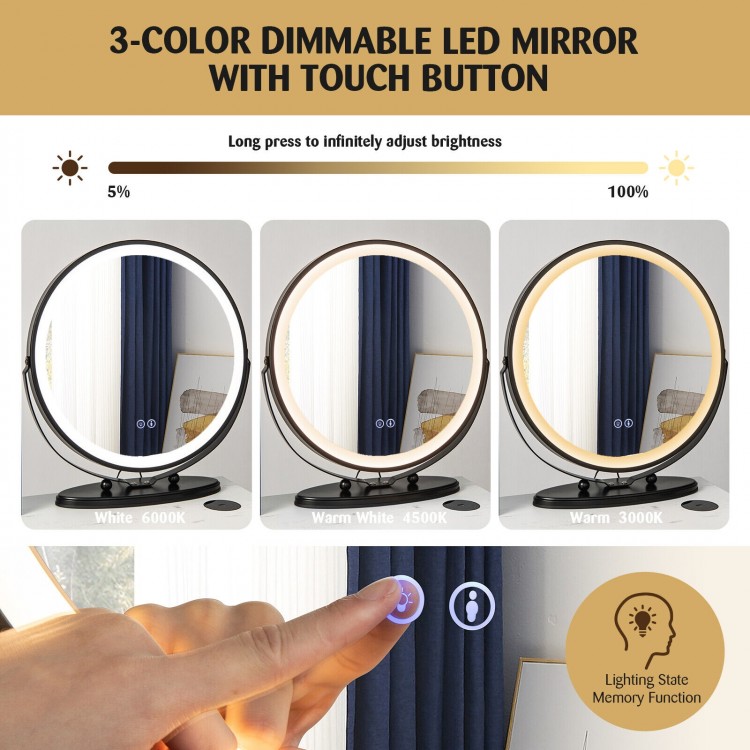 Round 3-color dimmable LED mirror with touch button, adjustable brightness, and 360-degree rotation for vanity table.