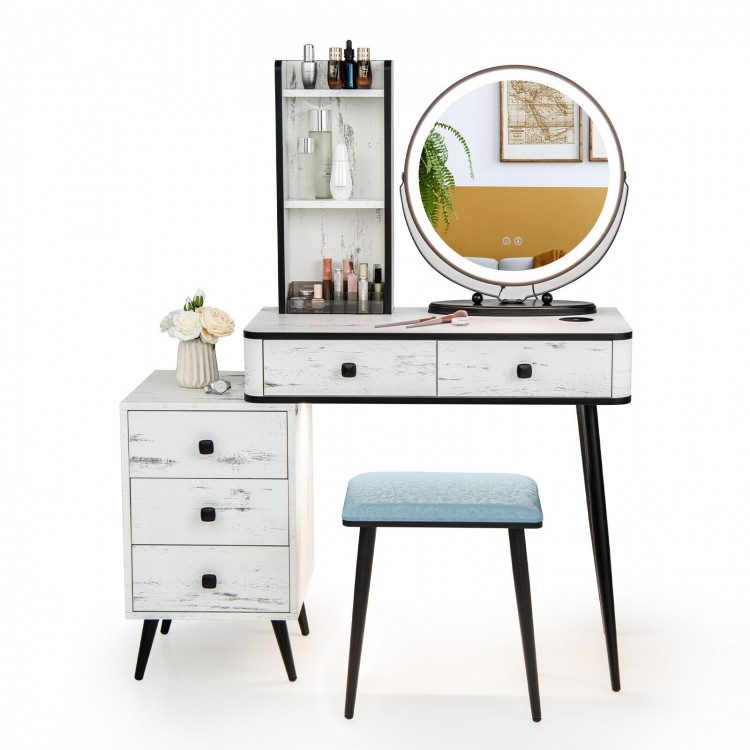 Vanity table set in white with 3-color lighted mirror, cushioned stool, and ample storage for cosmetics and accessories.