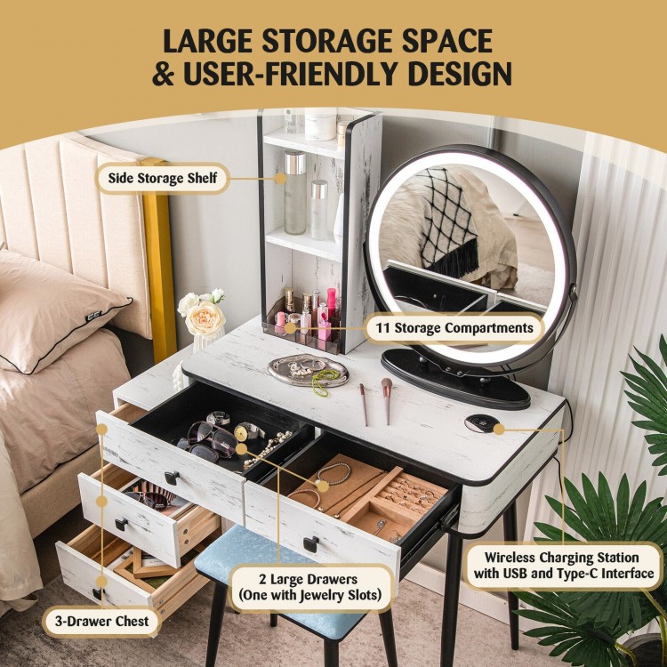 Vanity table set featuring a 3-color lighted mirror, cushioned stool, and ample storage with 11 compartments for.