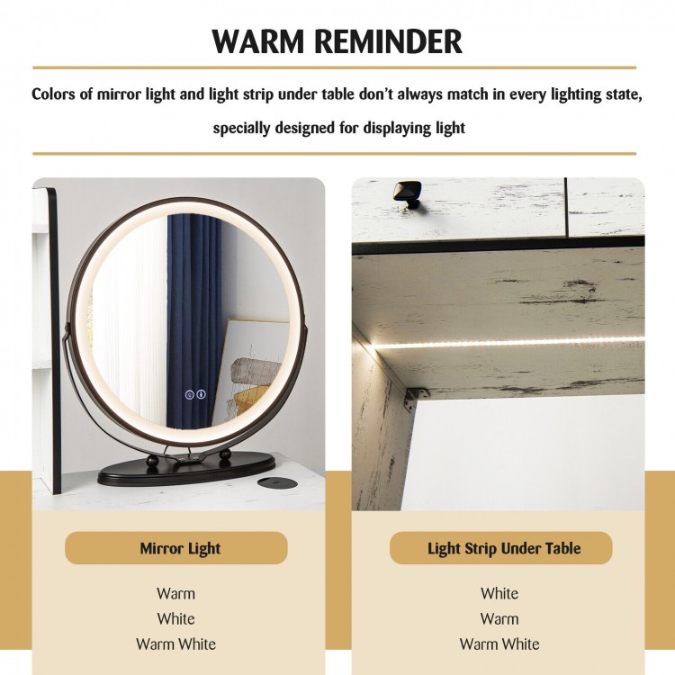 Round mirror with 3-color lighting and cushioned stool in white, perfect for a stylish vanity table set.