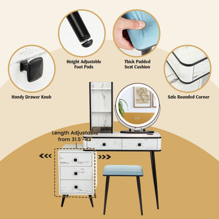 Vanity table set with adjustable height, cushioned stool, and 3-color lighted mirror for versatile use.