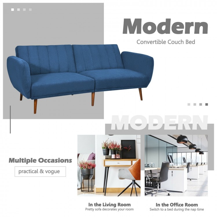 Convertible navy futon sofa bed with adjustable backrest and solid wood legs, perfect for living room or office use.