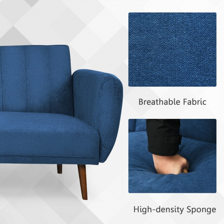 Navy convertible futon sofa bed with breathable fabric and high-density sponge, ideal for living room relaxation.
