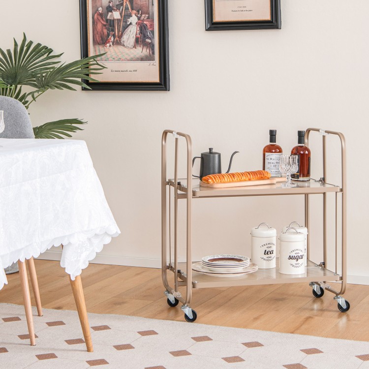 2-tier mobile serving cart with tempered glass shelves, golden metal frame, ideal for kitchen or dining room.