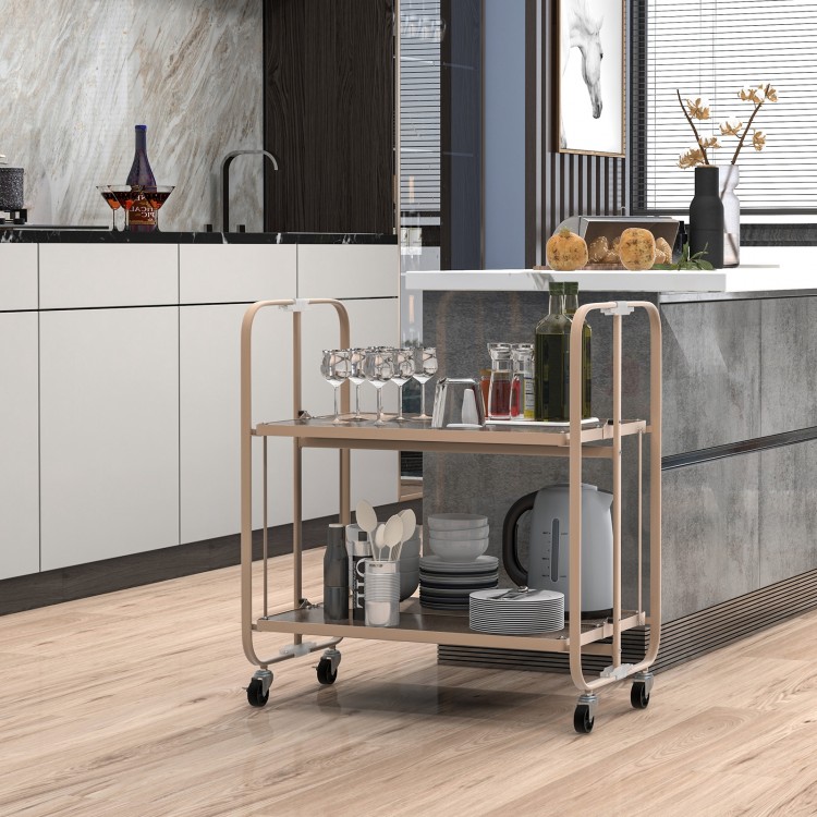 2-tier mobile serving cart with tempered glass shelves and heavy-duty metal frame, ideal for kitchen and dining room.