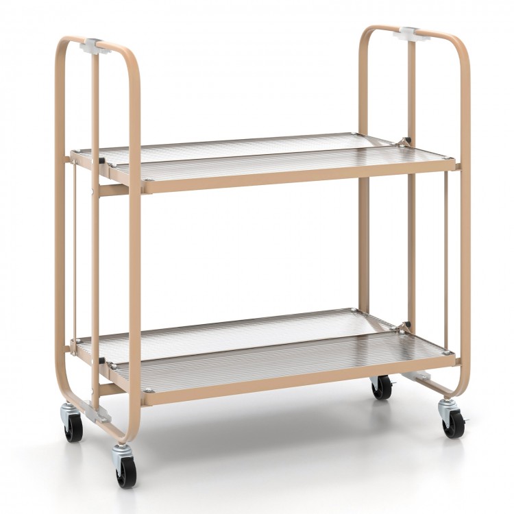 2-tier mobile serving cart with tempered glass shelves and golden metal frame, ideal for kitchen or dining room.