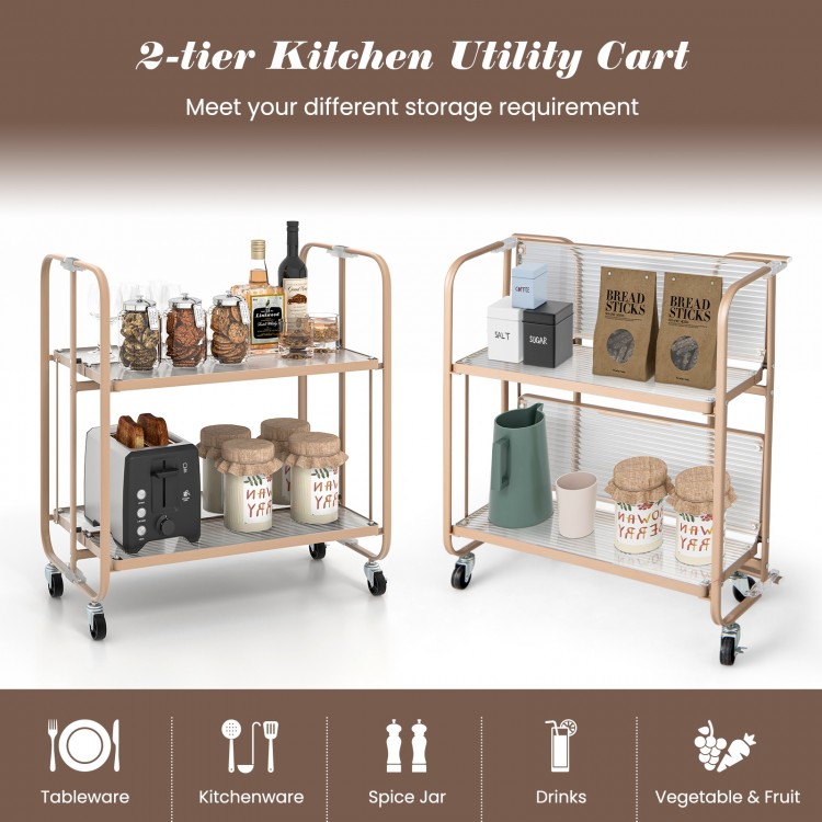 2-tier mobile serving cart with tempered glass shelves, golden metal frame, ideal for kitchen and dining room storage.