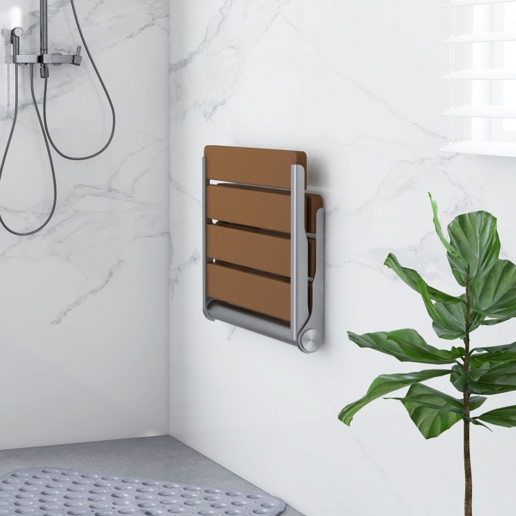 Wall-mounted foldable bathroom bench in waterproof HIPS material with stainless steel frame, ideal for space-saving use.