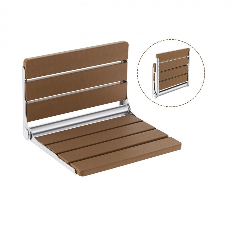 Wall-mounted foldable bathroom bench in waterproof HIPS with stainless steel frame, ideal for space-saving and shoe.