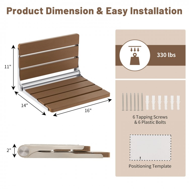 Wall-mounted foldable bathroom bench with waterproof HIPS material, stainless steel frame, and slatted design for.