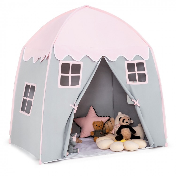Gray and pink portable indoor kids play castle tent with windows, ideal for playtime and outdoor activities.