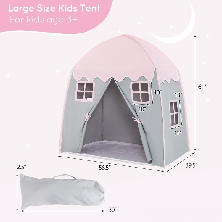 Large pink kids play tent with breathable windows and zipper door, perfect for indoor and outdoor fun for ages 3+.