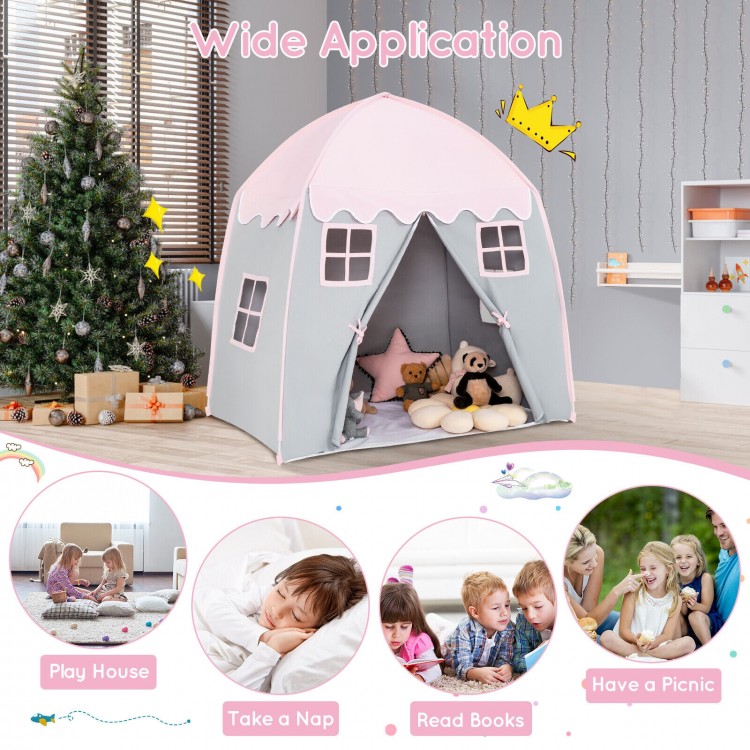 Portable pink indoor kids play castle tent with breathable windows, sturdy fiberglass frame, perfect for play and naps.