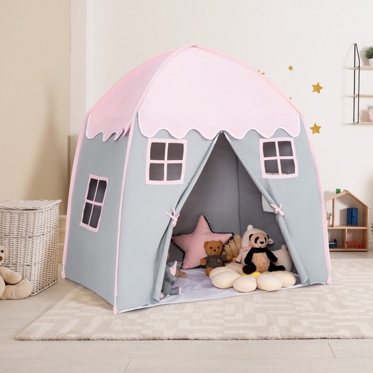 Portable indoor kids play castle tent in pink and gray, spacious design for playtime, ideal for indoor and outdoor use.