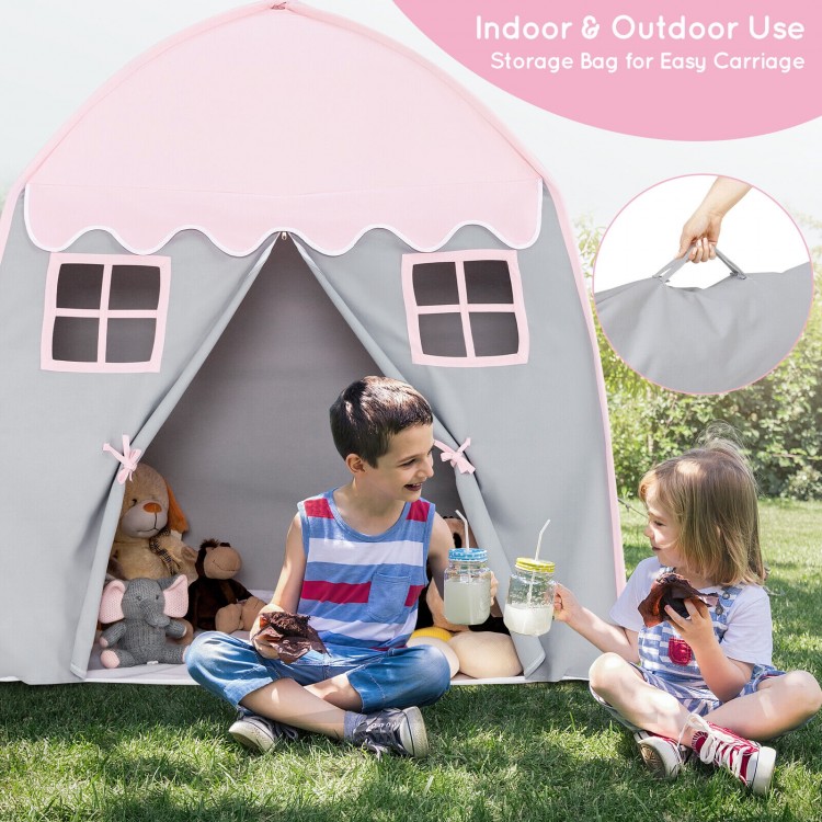 Portable pink kids play castle tent with breathable windows, ideal for indoor and outdoor fun, easy to carry and store.