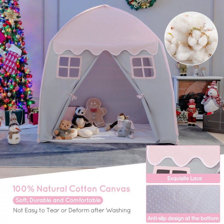 Portable pink kids play castle tent made of 100% cotton canvas, featuring breathable windows and anti-slip bottom for.