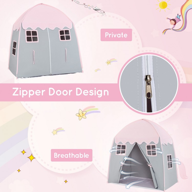 Portable pink kids play castle tent with zipper door design, breathable windows, and sturdy fiberglass frame for indoor.