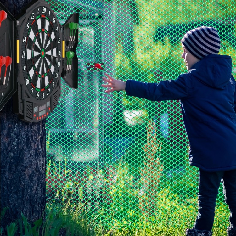 Professional electronic dartboard set with LCD display, heavy-duty cabinet, and 12 soft tip darts for game room fun.