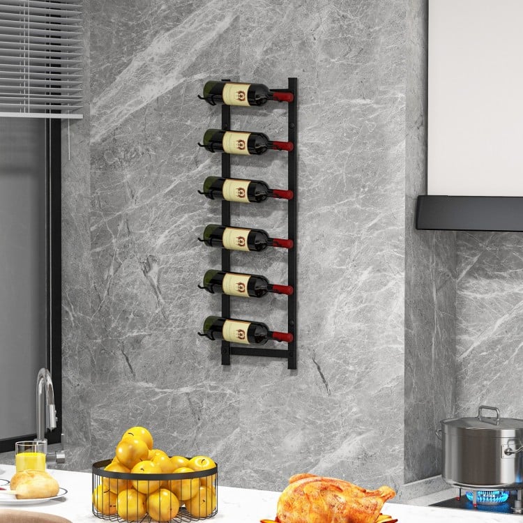 Wall mounted wine rack holding six bottles, featuring a sleek design for space-saving home decoration.