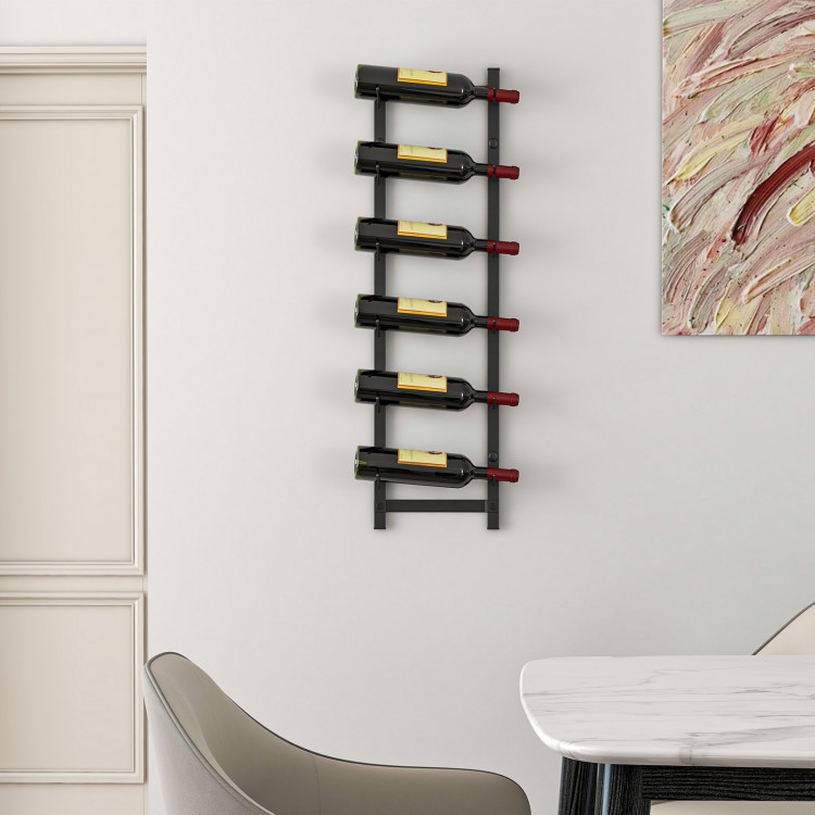 Wall-mounted wine rack holding six bottles, featuring a sleek design for space-saving home decoration.