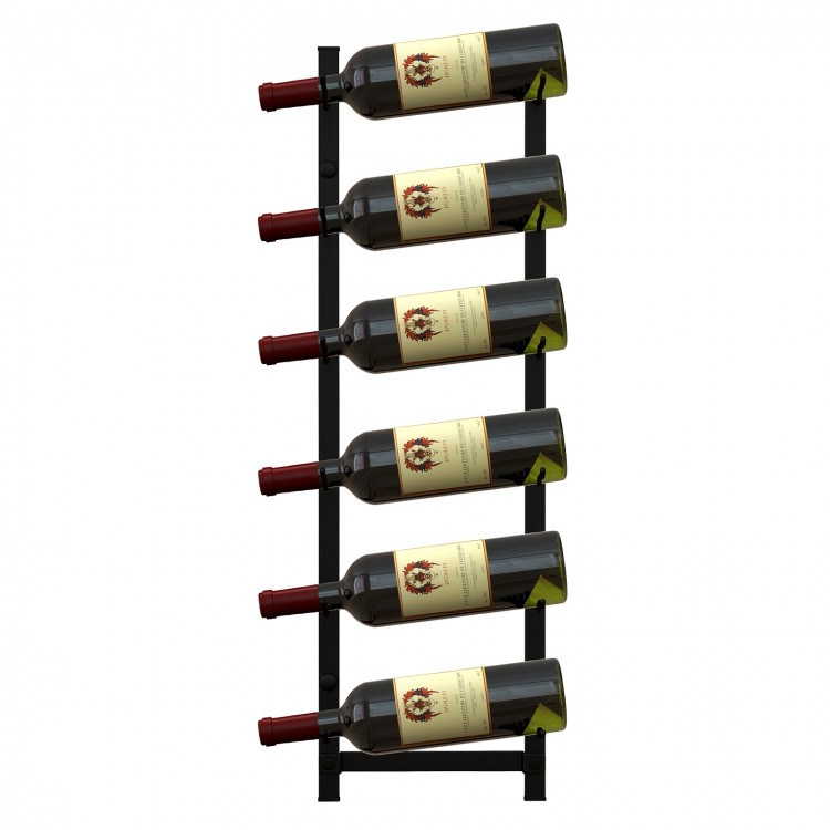 Wall mounted wine rack displaying six bottles, featuring a sleek design for space-saving home decor.