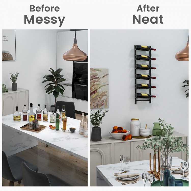 Wall-mounted wine rack displaying 6 bottles, showcasing a sleek design for space-saving home organization.