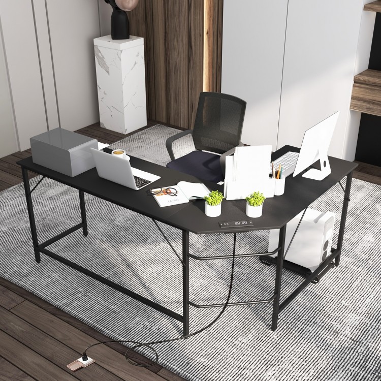 L-shaped black computer desk with CPU stand, power outlets, and USB ports, ideal for home office or study space.