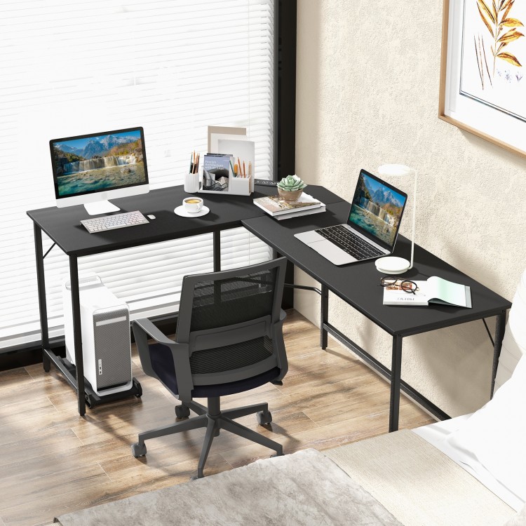 L-shaped computer desk in black with power outlets and USB ports, ideal for home office or study space.