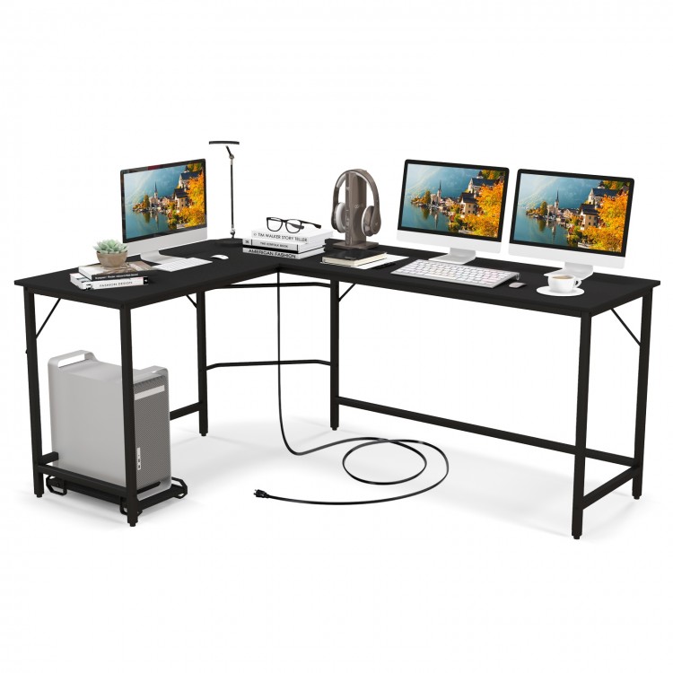 L-shaped computer desk in black with CPU stand, power outlets, and USB ports, ideal for home office or study use.