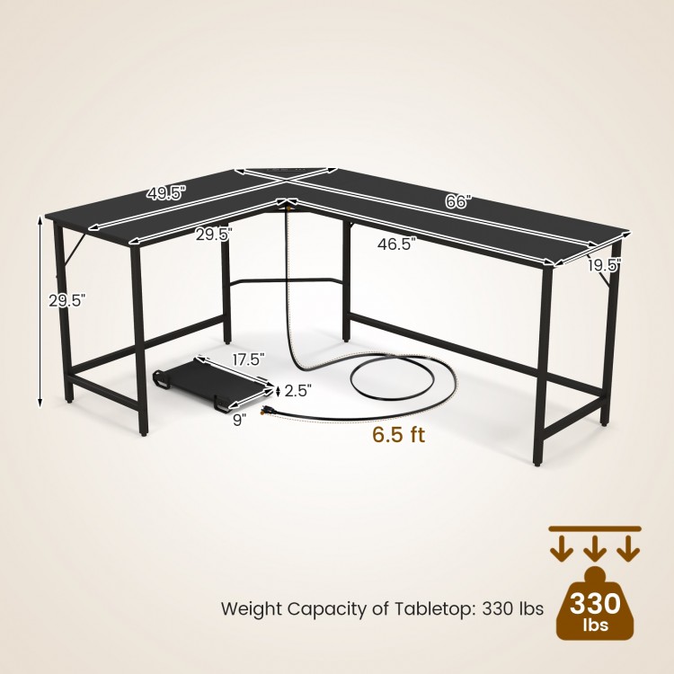 L-shaped computer desk with dimensions, power outlets, and USB ports, ideal for home office or gaming setup.