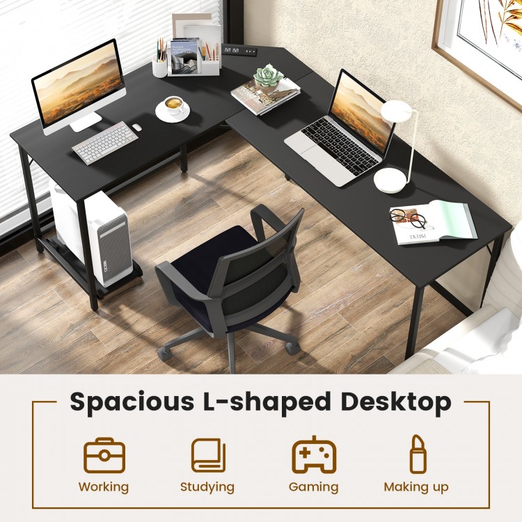 Spacious L-shaped computer desk in black with power outlets and USB ports, ideal for working or gaming in small spaces.