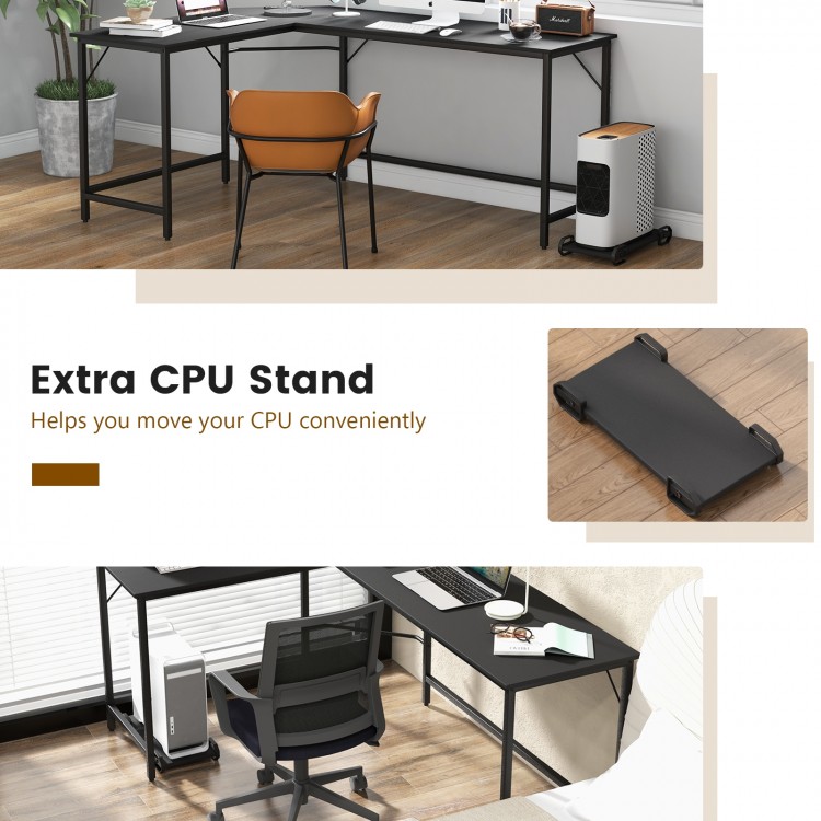 L-shaped computer desk in black with CPU stand, power outlets, and USB ports, ideal for home office use.