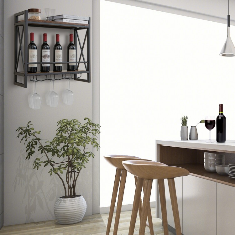 Industrial wall mounted wine rack with 3 stem glass holders, featuring a heavy-duty metal frame and rustic design for.