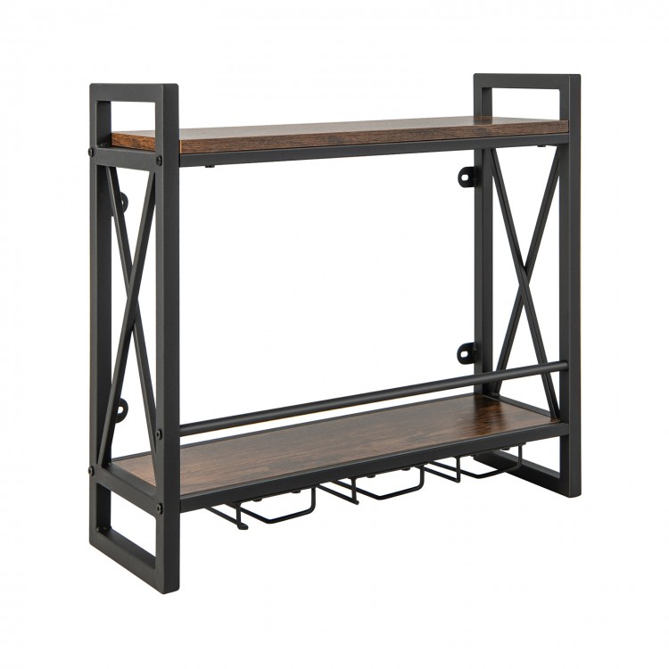 Industrial wall-mounted wine rack with 2-tier shelves and 3 stem glass holders, perfect for home bar or kitchen use.
