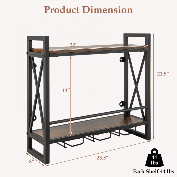 Industrial wall-mounted wine rack with 2-tier shelf and 3 glass holders, perfect for home bar or kitchen storage.