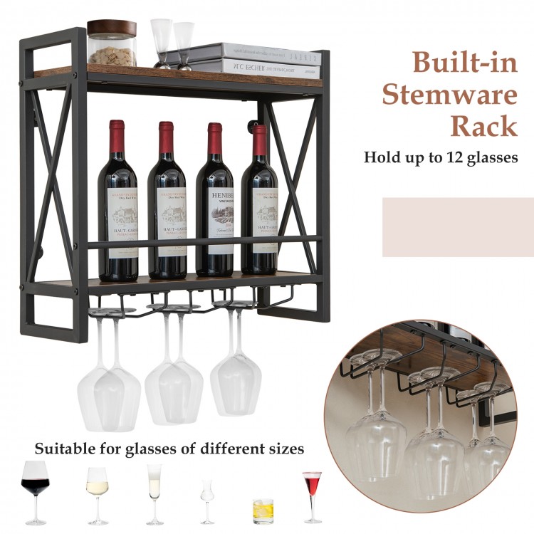 Industrial wall-mounted wine rack with 3 stem glass holders, featuring a heavy-duty metal frame for home bar use.