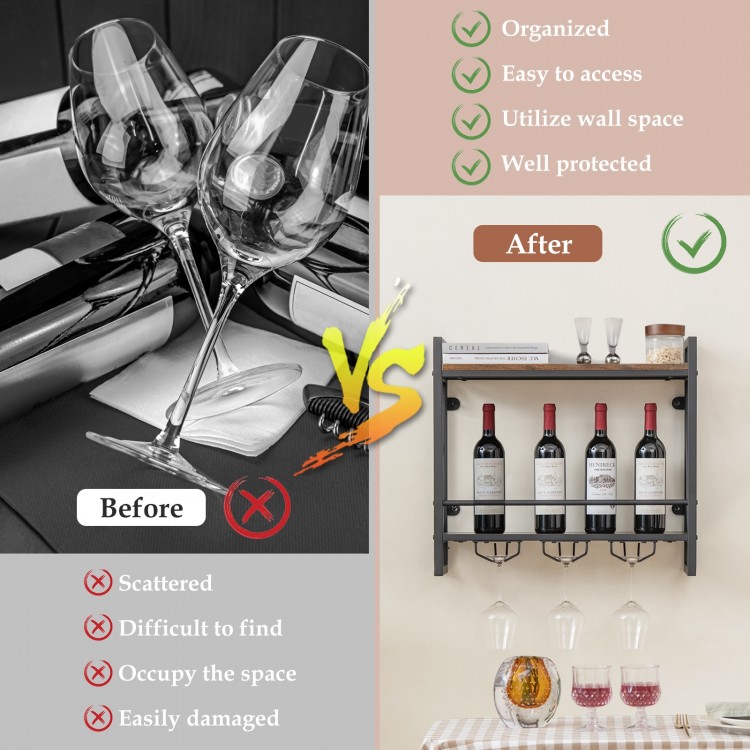 Industrial wall-mounted wine rack with 3 stem glass holders, featuring a heavy-duty metal frame for space-saving.