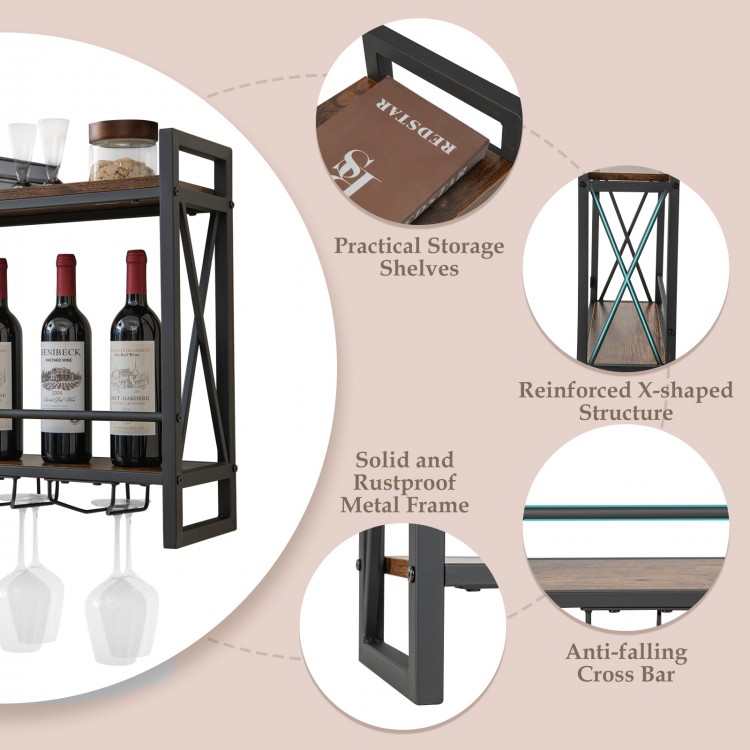 Industrial wall-mounted wine rack featuring a heavy-duty metal frame, 2-tier shelves, and 3 stem glass holders for home.